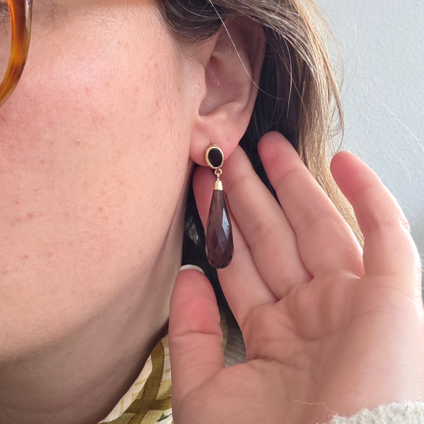 Vintage 14k gouden oorhangers rook kwarts