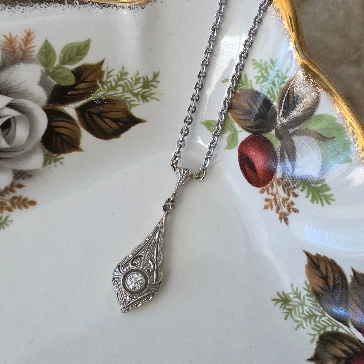 Antieke 14k wit gouden Art Deco diamant ketting