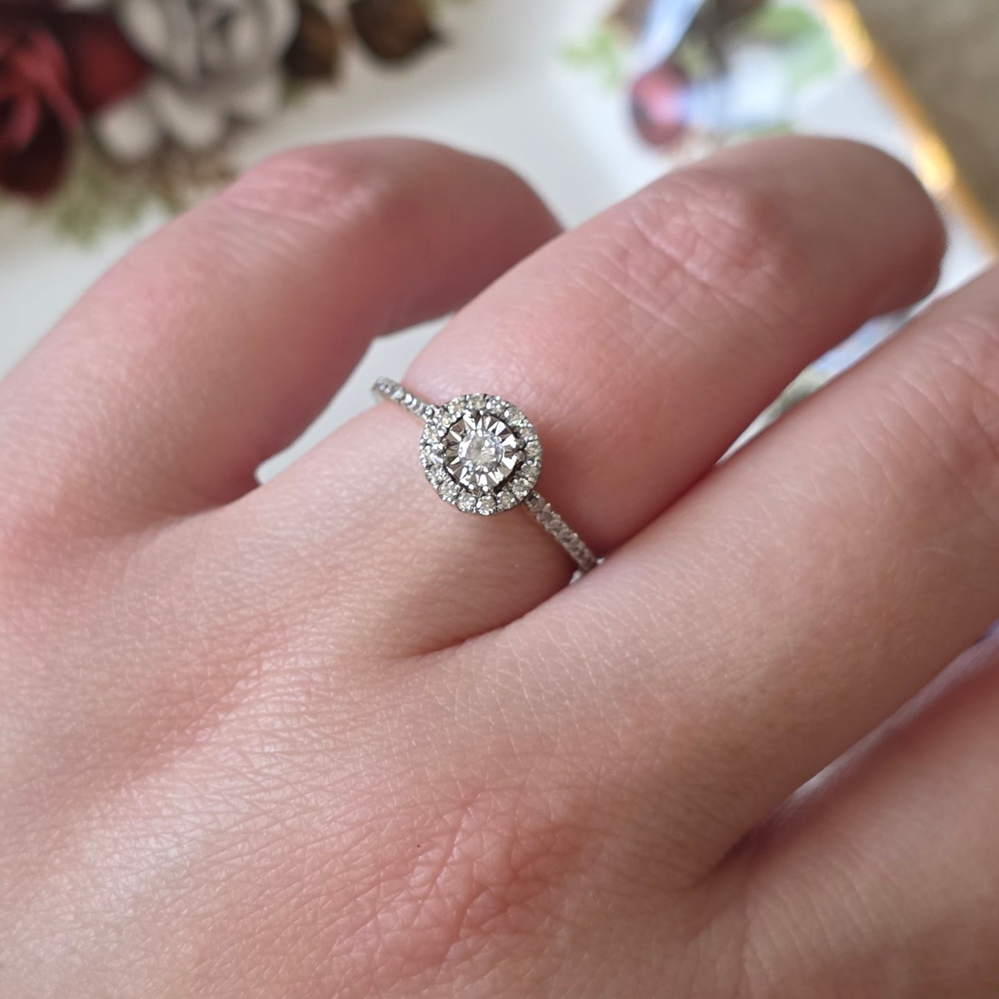 Vintage 9k verlovingsring diamant eternity halo