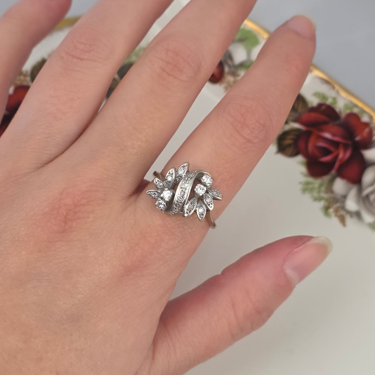 Antieke 14k witgouden ring diamanten bloemen