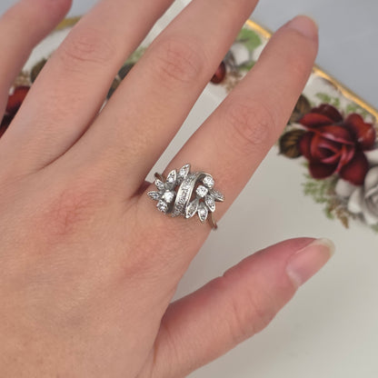 Antieke 14k witgouden ring diamanten bloemen
