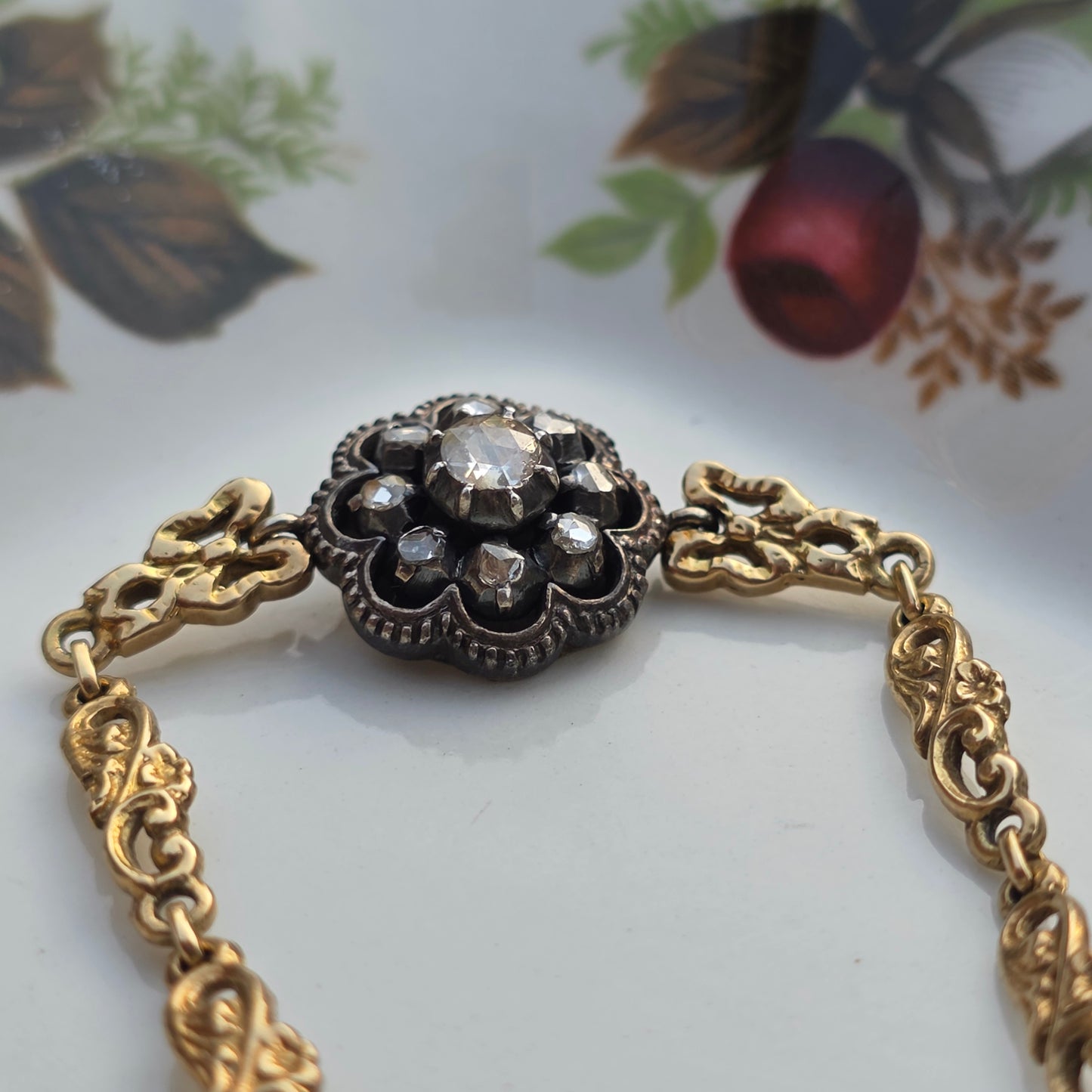 Antieke 14k gouden en zilver roosdiamant armband