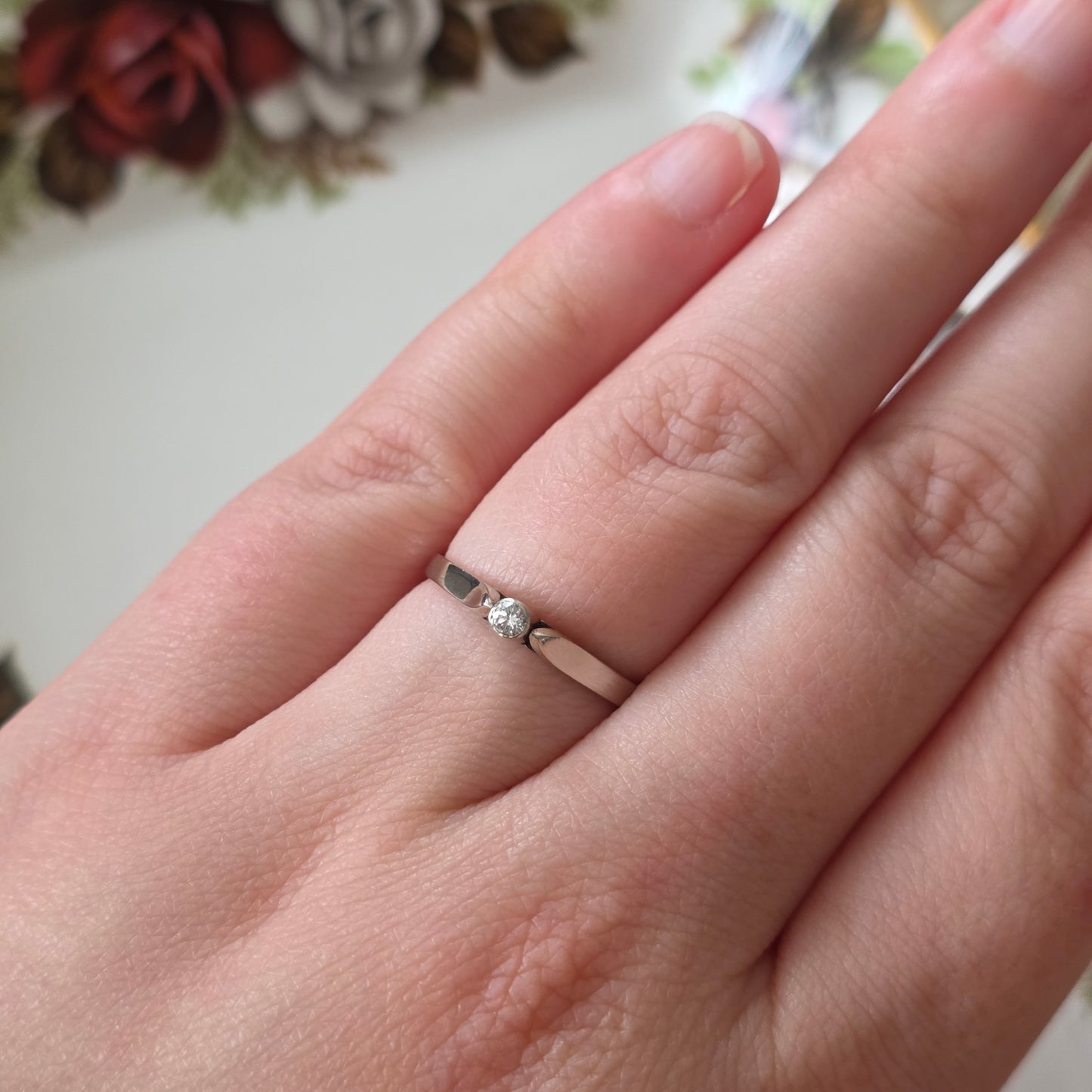 Vintage 14k witgouden verlovingsring met solitair diamant 0,06ct