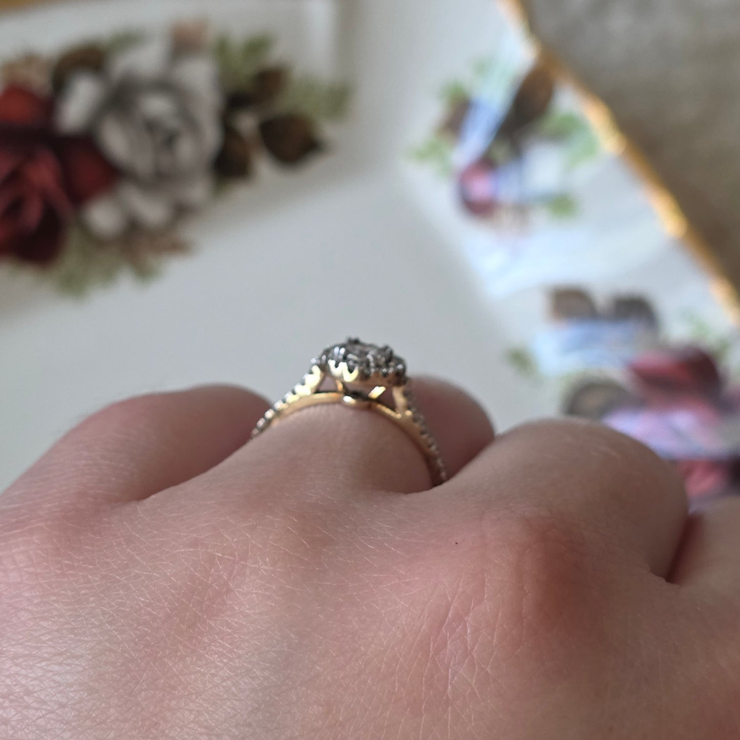Vintage 9k verlovingsring diamant eternity halo