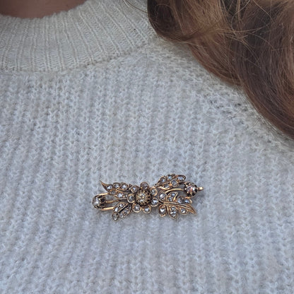 Antieke 14k gouden roosdiamant broche bloemtak en tremblant