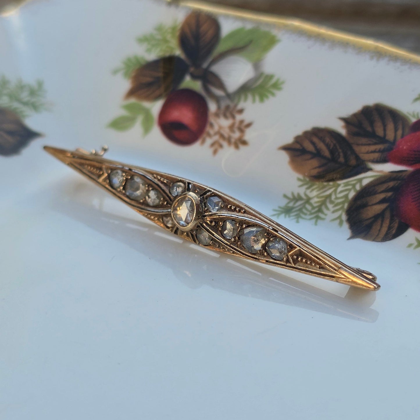 Antieke 14k gouden roosdiamant broche vroege Art Deco