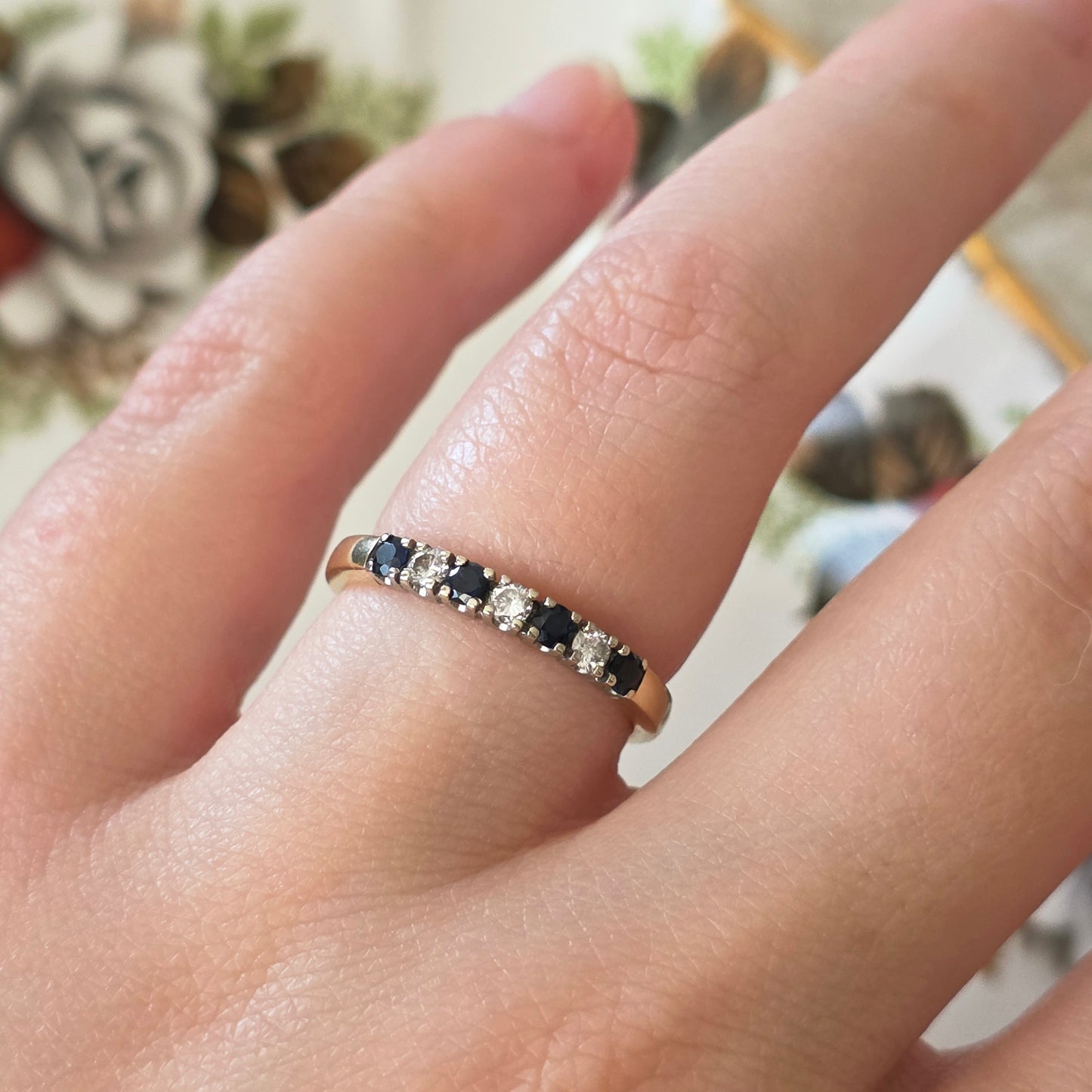 Vintage 14k gouden ring met saffier en diamant 0.12ct