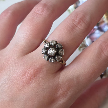Antieke 14k gouden en zilver ring roosdiamant bloem
