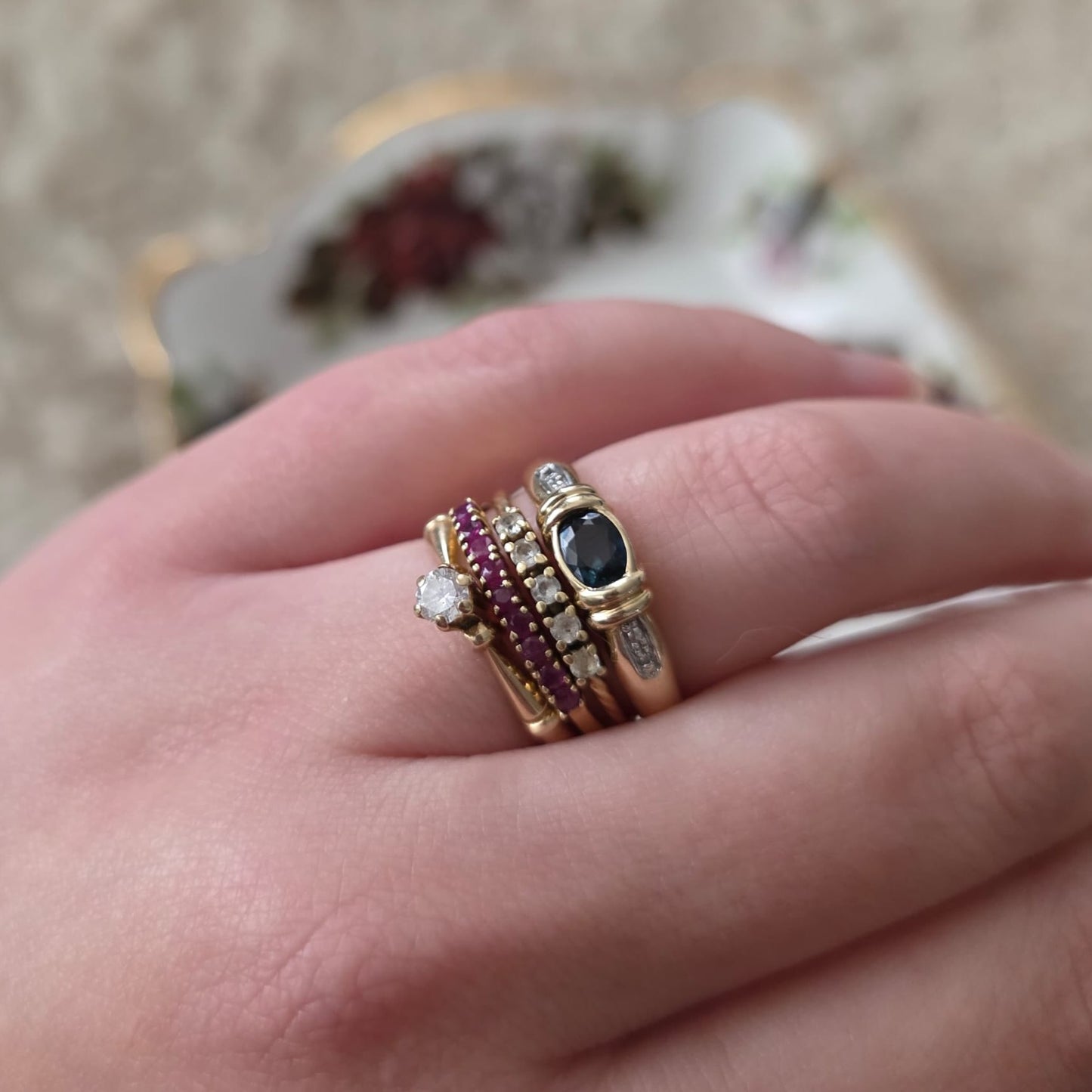 Vintage 14k gouden ring met petrol spinel en diamantjes